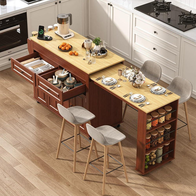 80"-48" Extendable Kitchen Island with Extended Dining Table and Power Outlet,Large Mobile Kitchen Storage Islands with 2 Storage Drawers,Rolling Islands Cart with 3 Extra Rows Open Shelves(Brown)