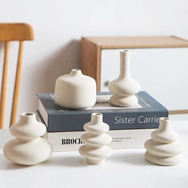 Tenforie Bud Vase, White Small Ceramic Vase Set of 5, Mini Pottery Vases, Decorative Vases for Flower, Donut Modern Boho Vases for Wedding Dining Table Home Decor