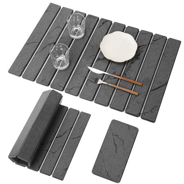 2 PCS Large Stone Dish Drying Mat for Kitchen Counter, Marbled Quick Dry Stone Dish Mats, Diatomaceous Earth Drying Pad, Foldable and Super Absorbent Dish Drying Stone Mat (Dark Gray 24"×16" & 8"×4")