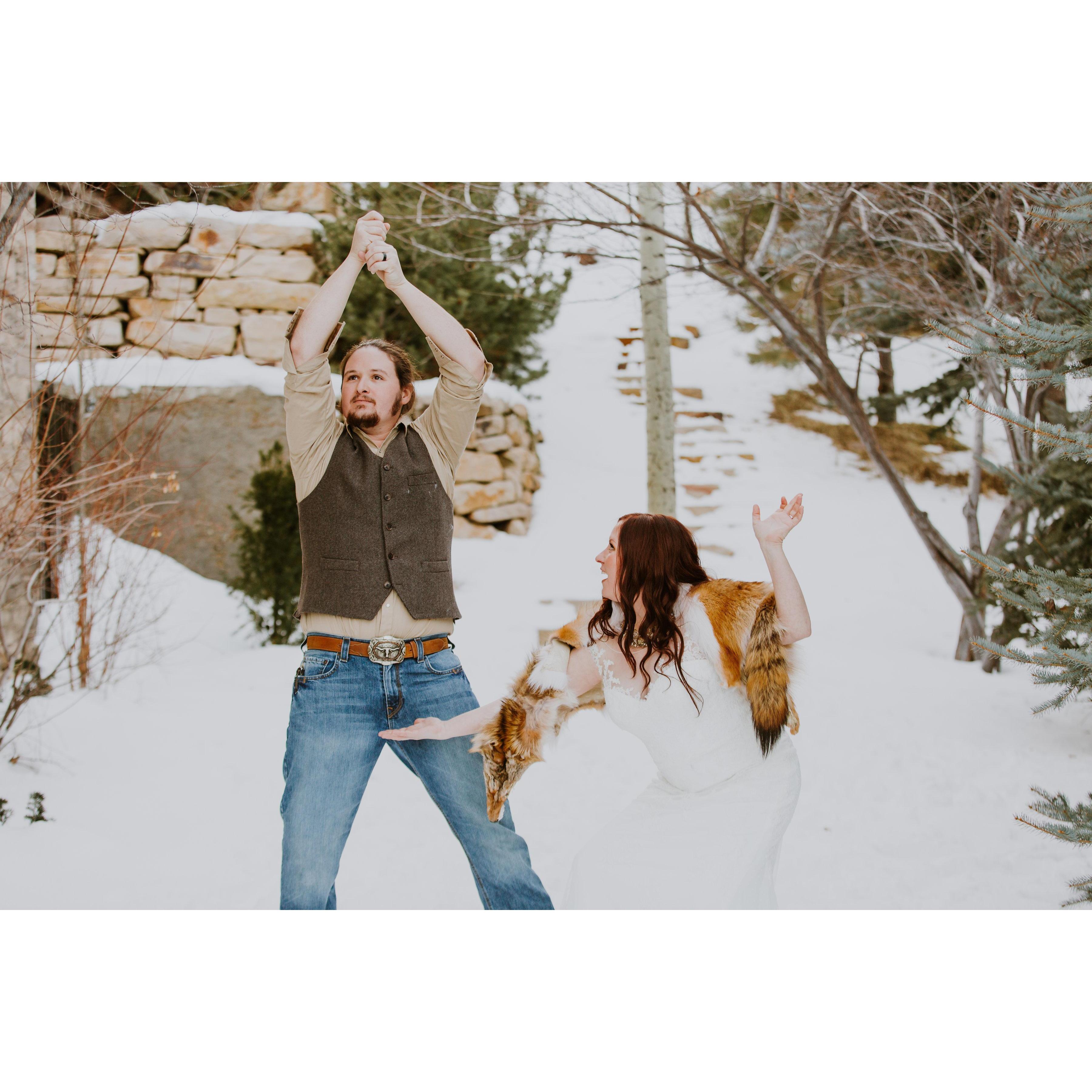 (Several shots later, mind you) I don't remember what was happening here. I think the photographers convinced Andrew to "warrior pose" and I was fighting him with magic.