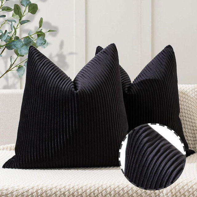 YCOLL Black Pillow Covers 24x24 Set of 2 Velvet Striped Pattern - Soft Throw Pillows for Home Decor, Luxury Decorative Pillow Covers for Couch, Bed,Living Room
