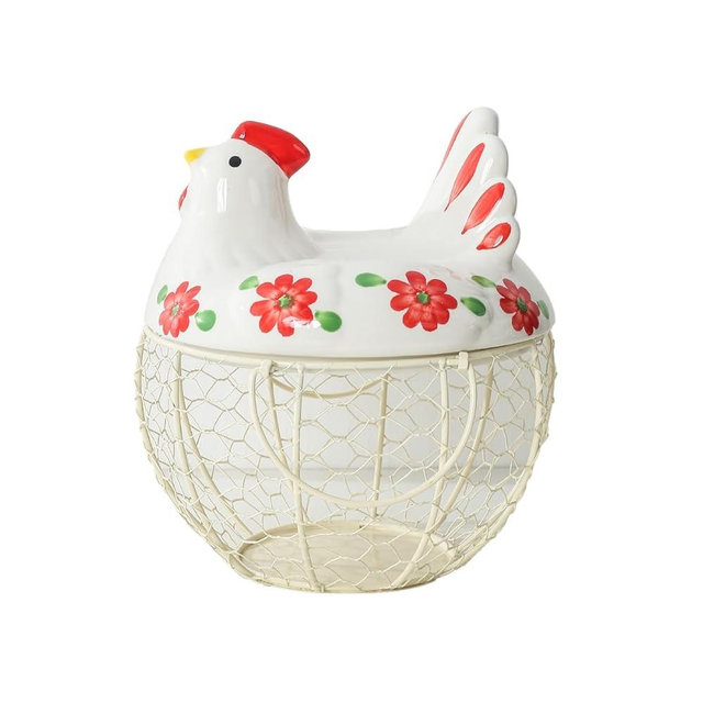 Egg Storage Baskets for Fresh Eggs, Kitchen Countertop Storage Organization Egg Dispenser, Ceramic Chicken Lid with Wire Basket, Holds 20-25 Eggs
