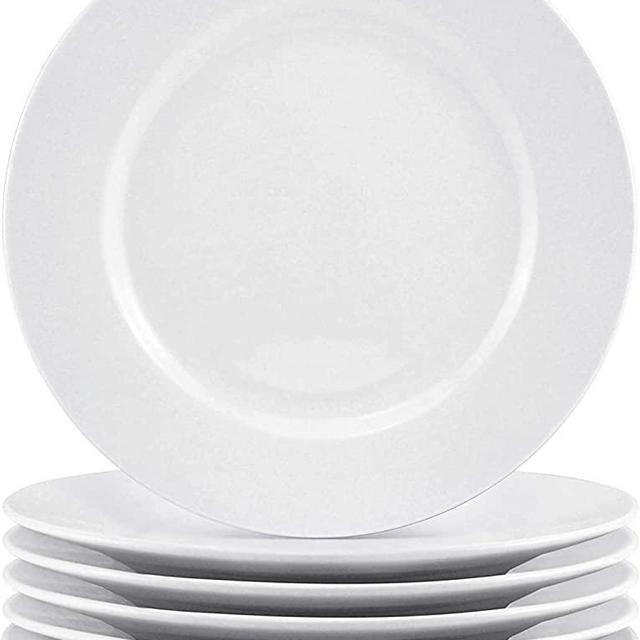 Bestone 6 Piece 8 Inch Porcelain White Dinner Plates Dessert Serving Plates, Dinnerware Sets, Classic Round with Wide Rim, Dishwasher, Microwave, Freezer, Oven Safe, BPA-Free for Everyday Use