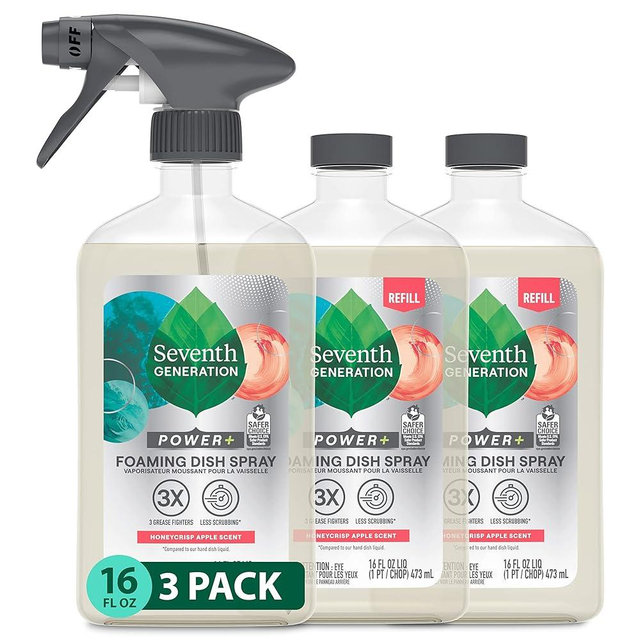 Seventh Generation Foaming Dish Spray, Honey Crisp Apple, 16 Fl Oz (Pack of 3) with 1 Sprayhead