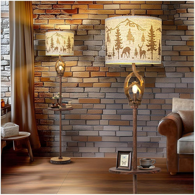 Vintage Deer Antlers Floor Lamps for Living Room with Led Night Light, Rustic Tall Lamp Decor for Bedroom with Metal Tray. Farmhouse Standing Lamp for Home Office Study Restaurant (Bulb Included)