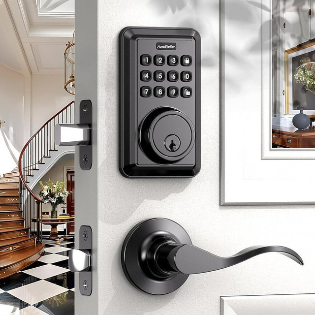 ApeStellar Keyless Entry Door Lock with 2 Lever Handles - Electronic Keypad Deadbolt - Front Door Lock Handle Sets - Auto Lock, Anti-Peeking Password, Easy Installation - Matte Black