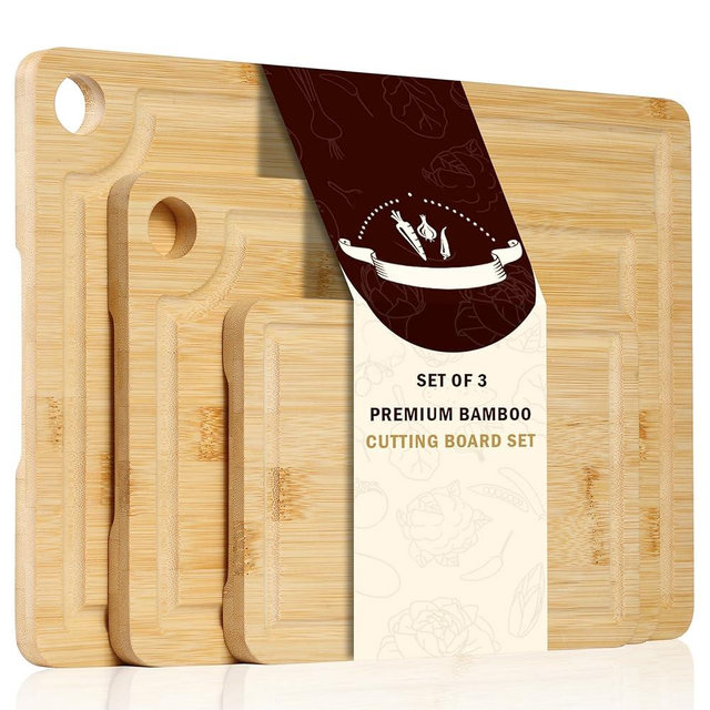 Sentk 3Pcs Bamboo Cutting Boards for Kitchen,Wooden Cutting Boards with Juice Grooves,Built-in Handles & Hanging Holes,Knife Friendly,Ideal for Chopping Meat、Vegetables and Fruit Serving，Kitchen Gift