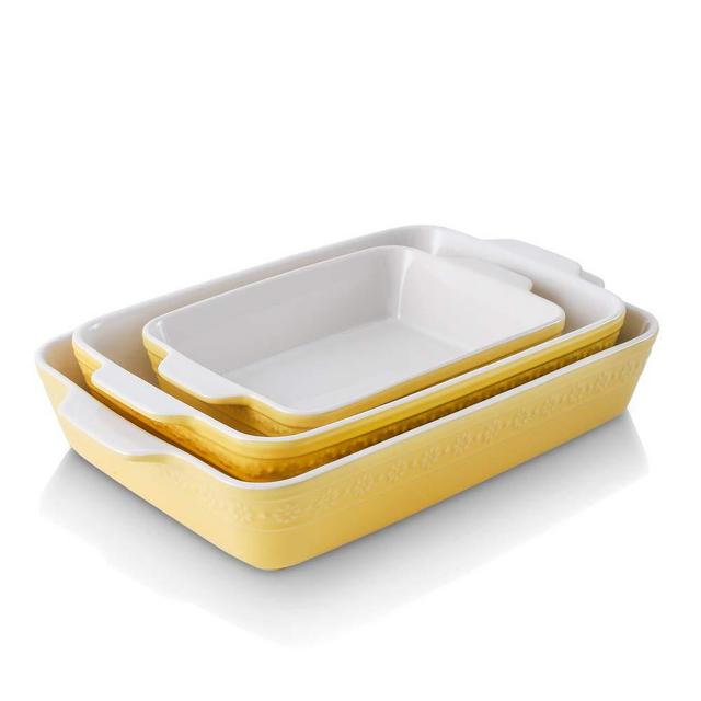 KOOV Bakeware Sets, Ceramic Baking Dish Set, Rectangular Lasagna Pan, Casserole Dish Set for Cooking, Cake Dinner, Kitchen, 9 x 13 Inches, Baking Set Daisy Series 3-Piece (Yellow)