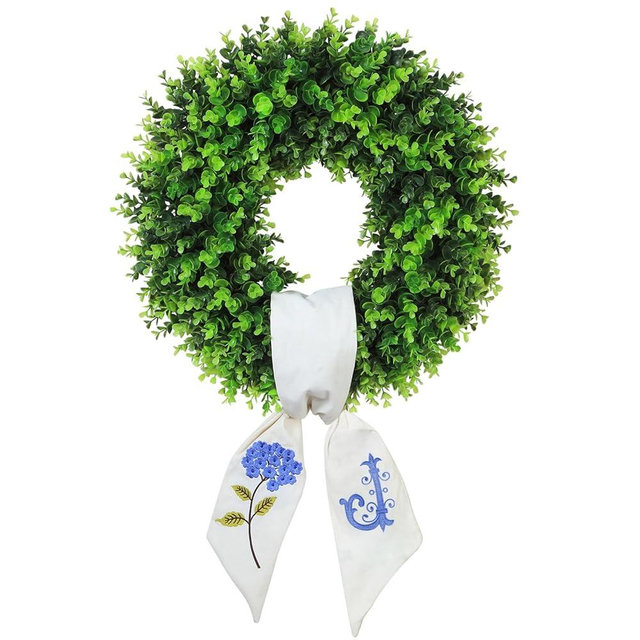 Boxwood Wreath for Front Door Spring Summer Wreaths Farmhouse Door Hanger,Last Name Year Round Porch Decor,20 inch Multi Occasion use Wreath with Personalized Monagram sash Embroidered -(J)