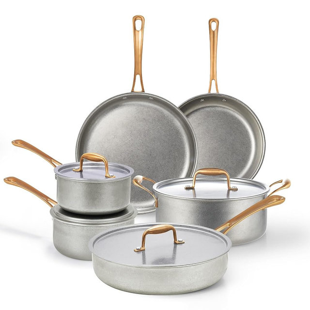 KOKHUB Vintage Stainless Steel Pots and Pans Set, 10 Pcs Tri-Ply Induction Cookware, Non Toxic Cooking Pan Set, PFAS/PTFE/PFOA/PFOS Free, Compatible with All Cooktops