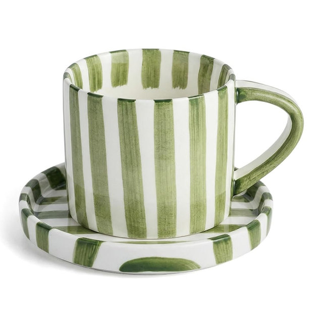 SITZLOG 8 oz Hand-Painted Striped Ceramic Coffee Mug & Saucer Set, Retro Cappuccino Cup, Underglaze Safe, Microwave & Dishwasher Safe, Gift for Tea Latte Espresso, Green
