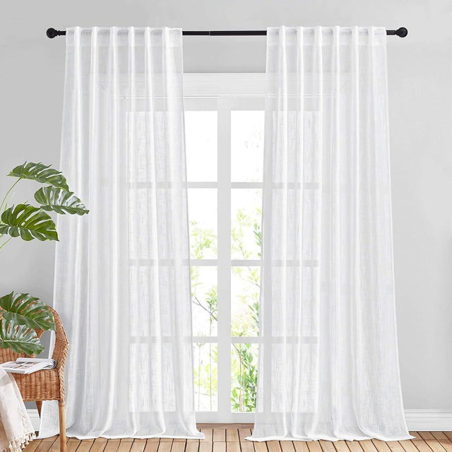 NICETOWN White Linen Sheer 120 inch Curtains for Living Room, Rod Pocket & Back Tab Semi Sheer Window Treatment Privacy with Light Filtering Drapes for Bedroom, W52 x L120, 2 Panels