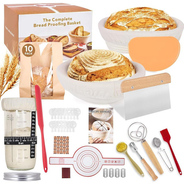 Complete Sourdough Starter Kit, 9" Round & 10" Oval Banneton Bread Proofing Baskets Set, Sourdough Bread Baking Supplies with Sourdough Starter Jar Kit, Easy to Clean & Use for Beginners & Bakers