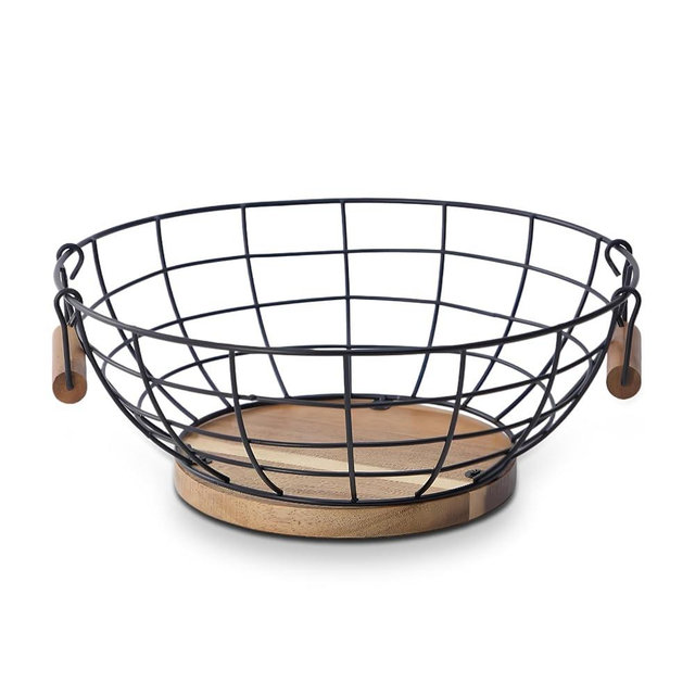 QYZFXXSF Fruit Basket Bowl for Kitchen Counter - Metal Basket with Acacia Wood Base，Fruit and Vegetable Storage Basket