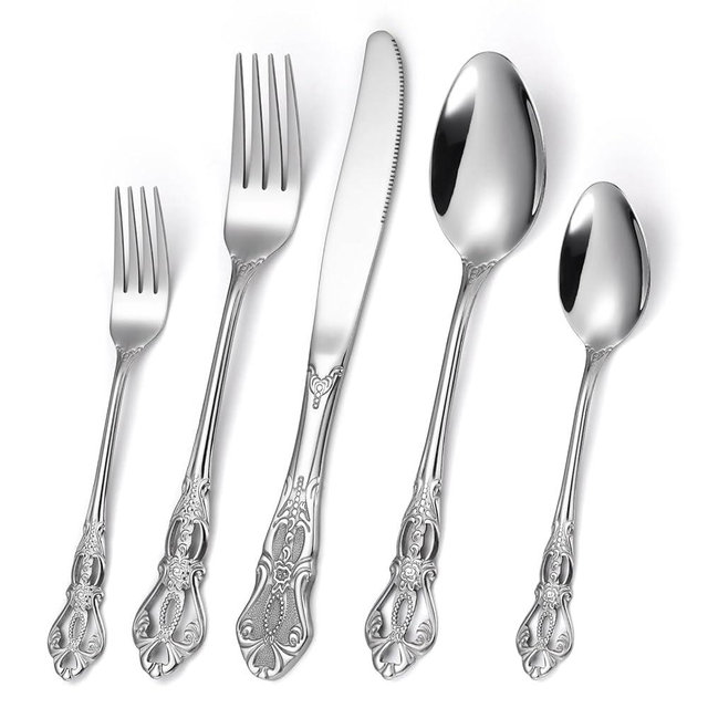 Gorgeous Retro Royal Silverware Set For 4,OIULO Stainless Steel 20-Piece Fine Vintage Flatware Set Service 4,Anti-rust Fork Spoon Knife,Antique Baroque Cutlery Utensils,Mirror Finish,Dishwasher Safe