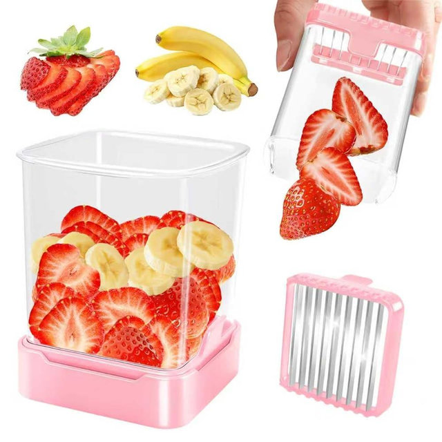 GENGCANG 3-in-1 Strawberry Banana & Egg Slicer Cup | Detachable Fruit Cutter with Push Plate for Effortlessly Safe Slicing | Quick Meal Prep & Snacks Kitchen Gadget (Pink)