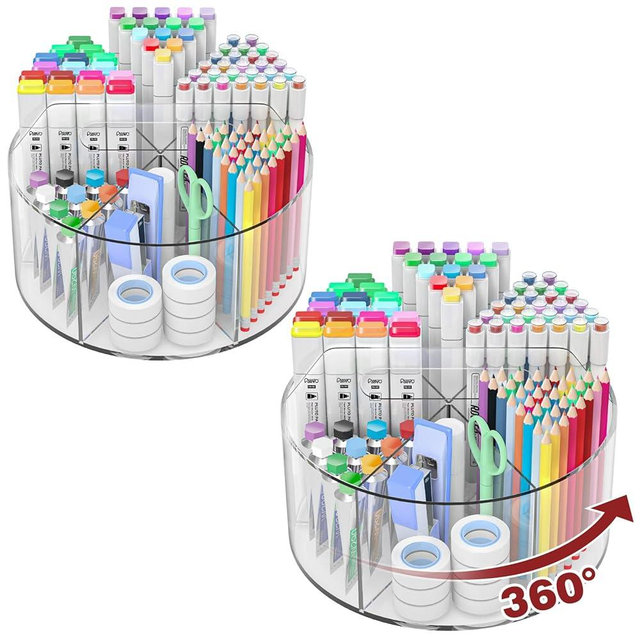 Absonic 500 PCS Acrylic Pencil Holder, 360 Rotating Clear Marker Organizer, Pen Crayon Marker Caddy Organizer for Desk, Desktop Storage and Organizer for Office School Art Supplies, 2 Pack