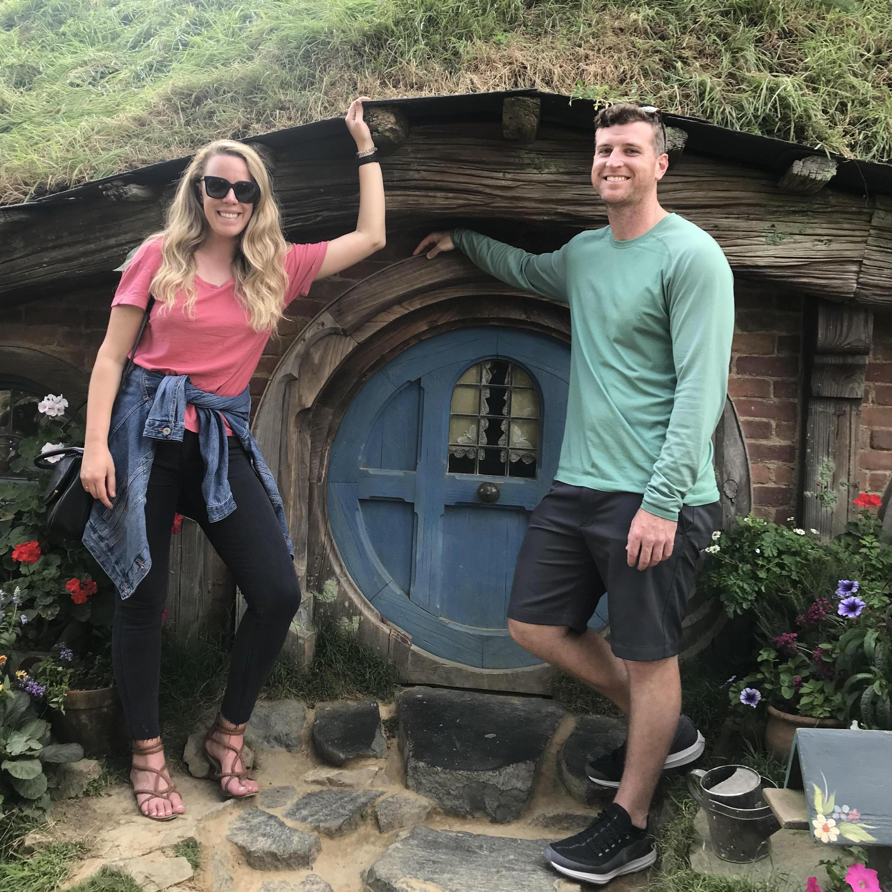 On the Hobbiton movie set in Matamata, New Zealand! We definitely wouldn't fit in here...