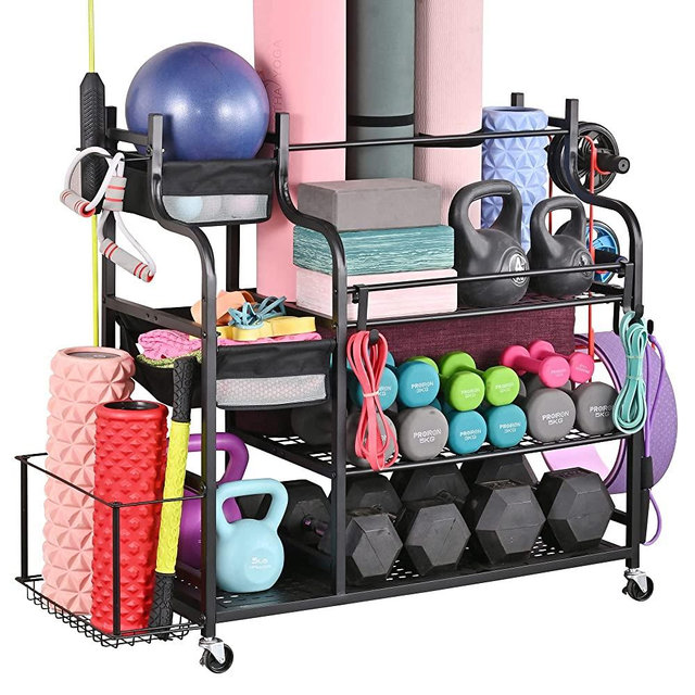 Mythinglogic Weight Rack for Dumbbells, Home Gym Storage for Yoga Mat Dumbbells Kettlebells and Strength Training Equipment, Dumbbell Rack with Wheels and Hanging Hooks
