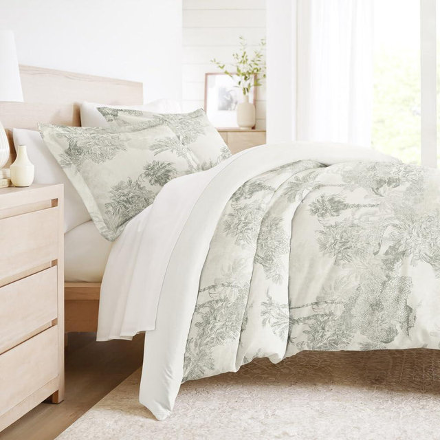 Linens & Hutch Duvet Cover Set Patterned Microfiber Ultra Soft Bedding in Paradise Toile - Full/Queen Paradise Toile Eucalyptus