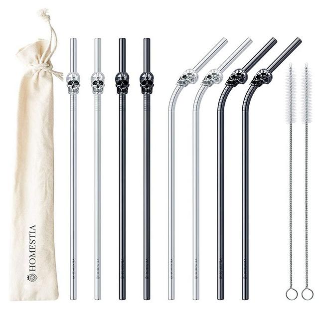 Homestia 8 Pack Black Metal Straws Reusable Straws Stainless Steel Straw with Case Skull Toppers for Tumblers 10.5" Long Drinking Straws for Cocktail, Juice, Smoothie, 20oz-30oz Tumbler