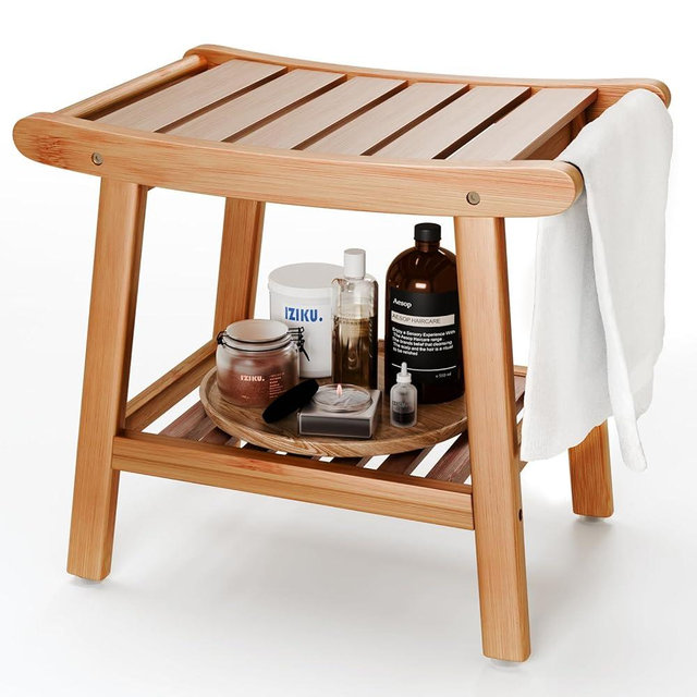 Bamboo Shower Bench for Inside Shower to Sit on,Waterproof Shower Stool for Shaving Legs,Spa Bathroom Shower Chair with Storage Shelf, Bathroom Bench Seat for Senior Adult Disabled Elderly