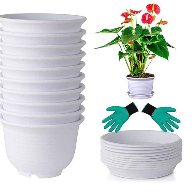 DeElf 12 Sets Plastic Flower Pots 6" White Planters with Drainage and Saucers for Indoor Plants and Seeding Nursery Bulk