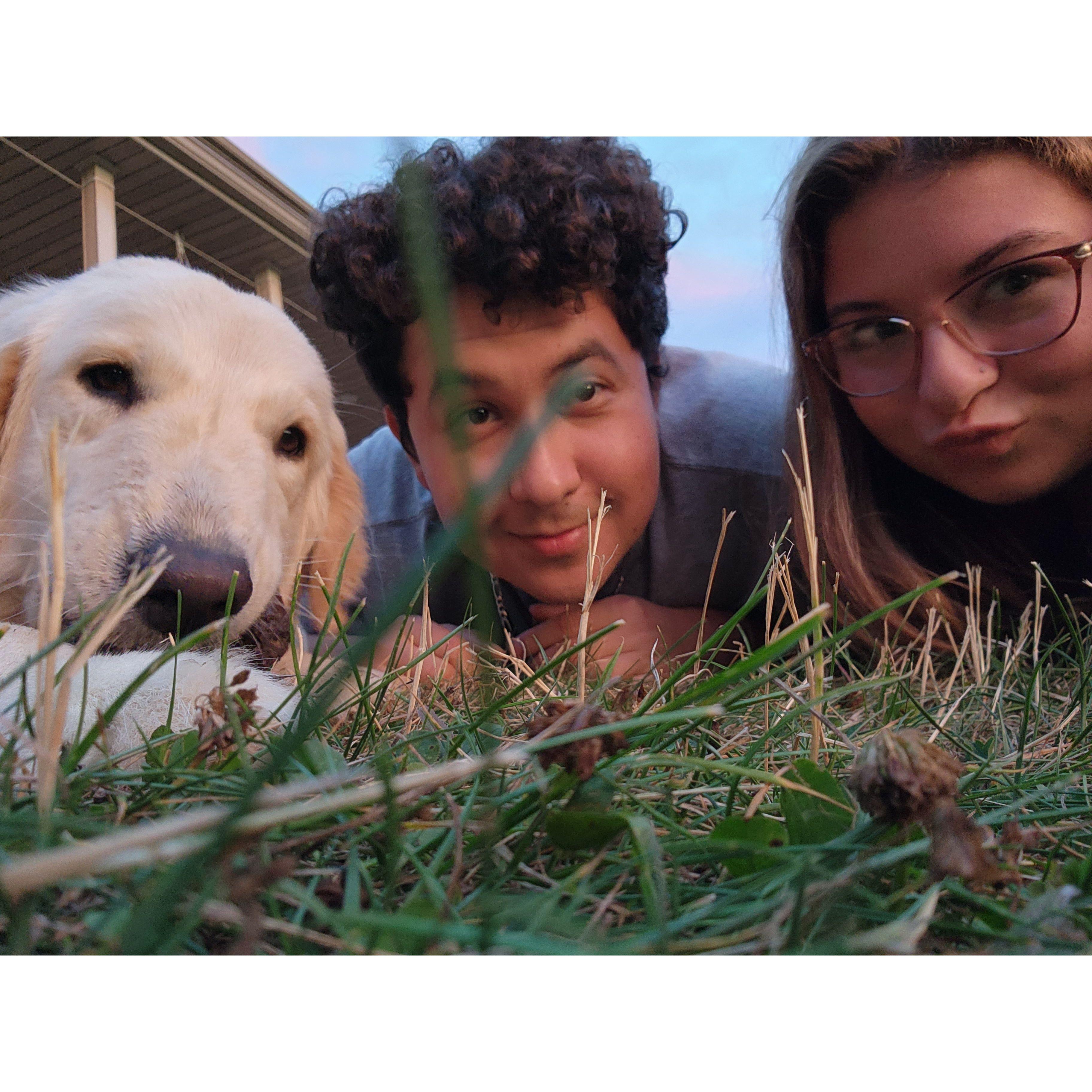 Laying on the lawn of Julia's parents' house