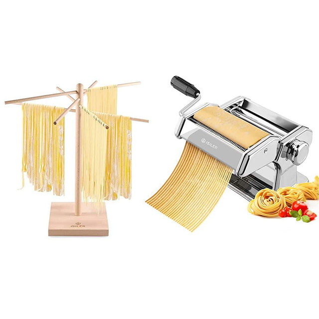 ISILER Pasta Machine 150 Roller Pasta Maker 9 Adjustable Thickness Settings Noodles MakerNatural Beech Wood Pasta Drying Rack