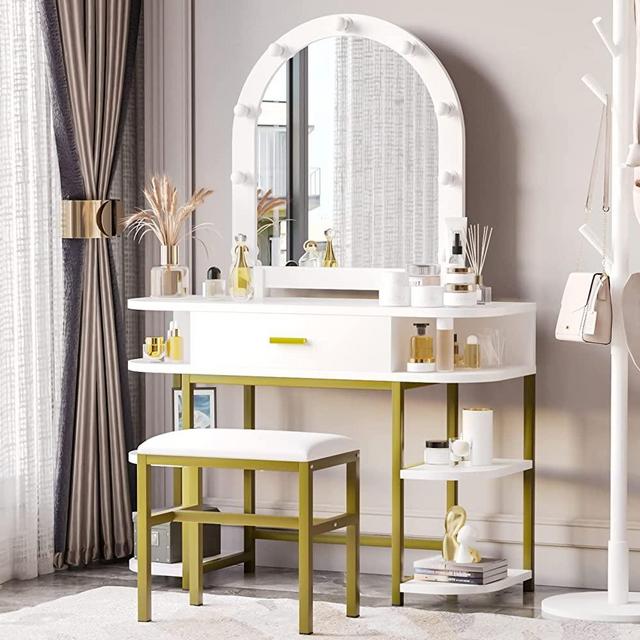 Vanity with Mirror and Lights Makeup Vanity Table Set with Drawer and Stool Dressing Desk Both Side Shelves for Women Girls Bedroom Makeup Room (9 Light and One Drawer)