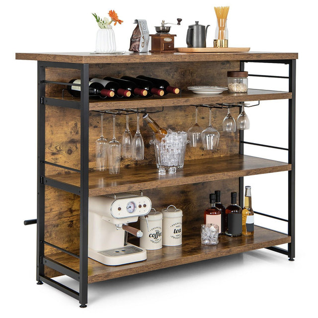 Costway Industrial Kitchen Island Bar Table 4-Tier Storage Shelf Drinks Rack Glass Holders