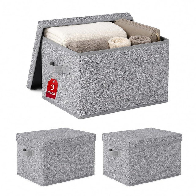 WUIKE Foldable Storage Bins with Lids, Storage Boxes with Handles, Closet Shelf Organizer, Fabric Storage Baskets for Bedroom, Decorative Storage Containers, Large, Ash Gray, 3-Pack