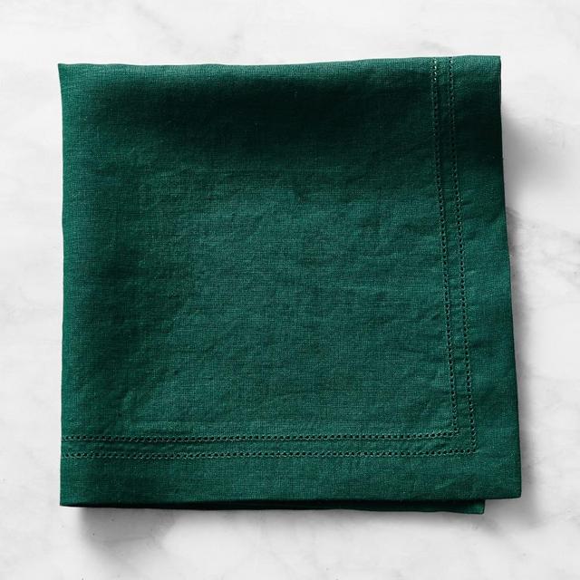 Linen Double Hemstitch Napkins, Set of 4, Evergreen