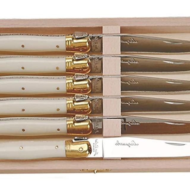 Jean Dubost 6 Steak Knives with Ivory Colored Handle in a Wood Box MADE IN FRANCE