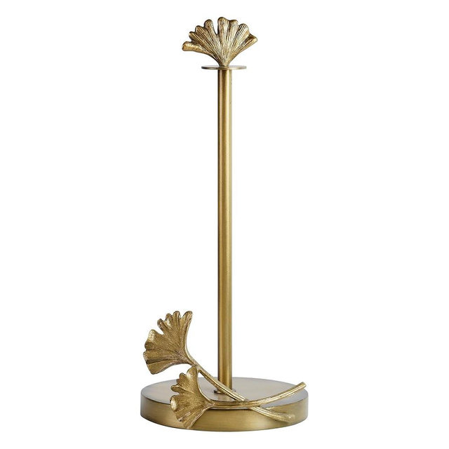 HOME PALETTE Vintage Gold Paper Towel Holder Countertop for Easy Tear Rustic Ginkgo Design Decorative Standing Kitchen Roll Dispenser for Bathroom, Bars & Dining Tables