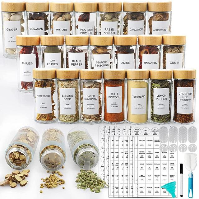 AISIPRIN Spice Jars with 398 Labels-4oz 24 Pcs,Glass Spice Jars with Bamboo Airtight Lids,Round Spices Container Set-White Shaker Lids, Funnel,Brush and Marker Included (Round- Thick Glass)