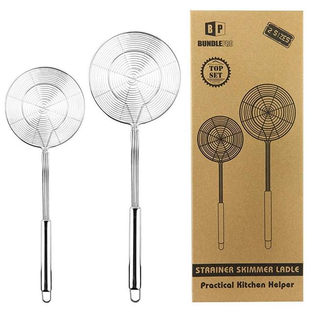 Pack of 2 Large Spider Strainer, Stainless Steel Skimmer Basket,Kitchen Ladle Strainers,Mesh Spoons with Long Handle, Cooking Tools for Frying, Boiling Noodles, Dumplings, Pasta
