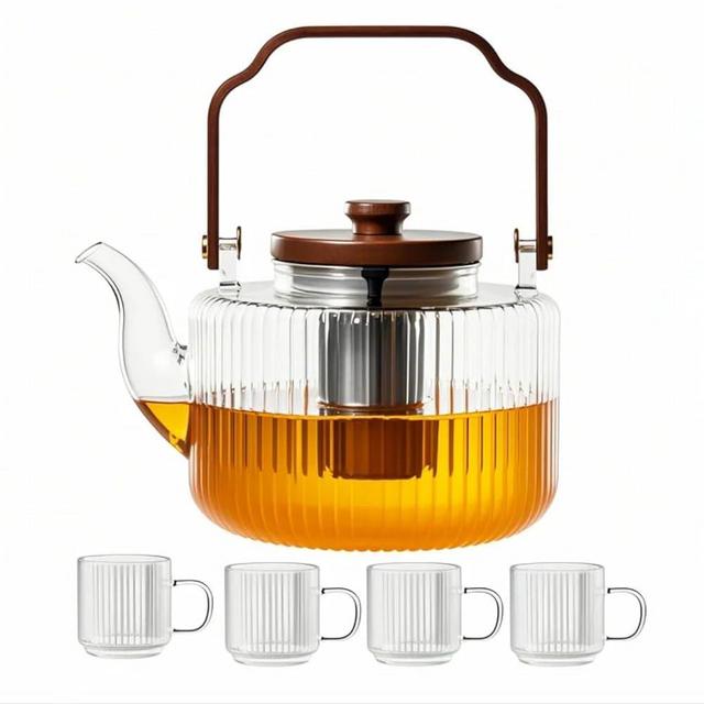 Glass Teapot Set with 4 Ribbed 2.5oz Tea Cup, Clear Tea Pot Stovetop Safe, Vintage Kettle Teapot with Stainless Steel Infusers and lid, Unique Tea Maker Gift for Loose Leaf Blooming - 34oz (1000ml)