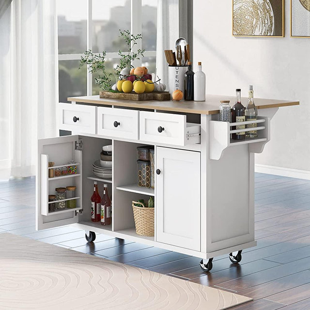 LUMISOL Kitchen Island Cart with Drop Leaf, Wood Kitchen Cabinet with Wheels, 2 Doors with Internal Storage Racks, 3 Drawers and Open Shelves for Kitchen Room, Dining Room (White)