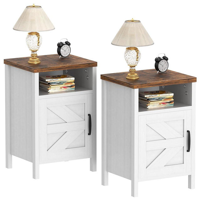 Flamaker End Table, Nightstand Set of 2, Modern Bedside Table with Barn Door and Open Wood Shelf, Side Table for Small Spaces, Bedroom (White)