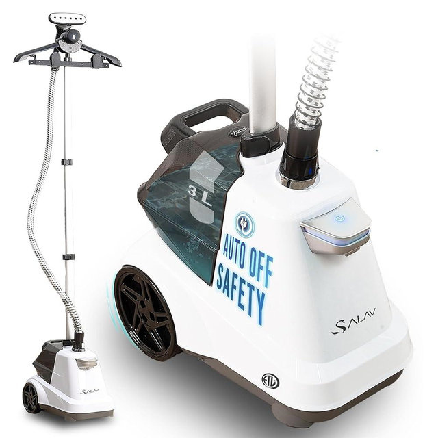 SALAV Commercial-Grade Standing Garment Steamer for Clothes with Auto-Off Safety 1800W Powerful Steam X-Large 3L Water Tank, 90-Min Continuous Use, Pedal-Control System, Beeps when Out of Water, White