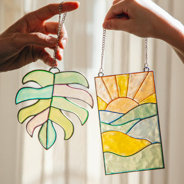 DIY Suncatcher Kit: Monstera Leaf & Sunset Stained Glass Deco