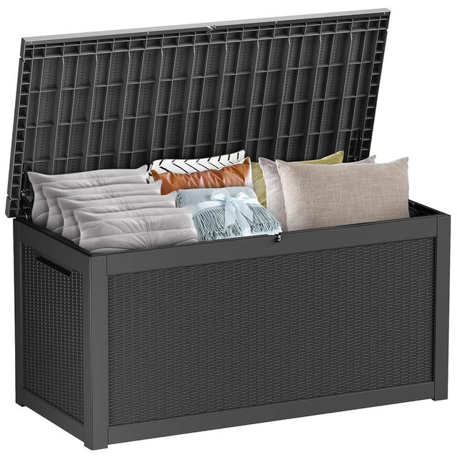 TARKARI 320 Gallon Outdoor Storage Box Waterproof, Resin Deck Boxes with Lockable Lid & UV-Resistant for Patio, Pool, Garden Furniture Cushions & Accessories, Black