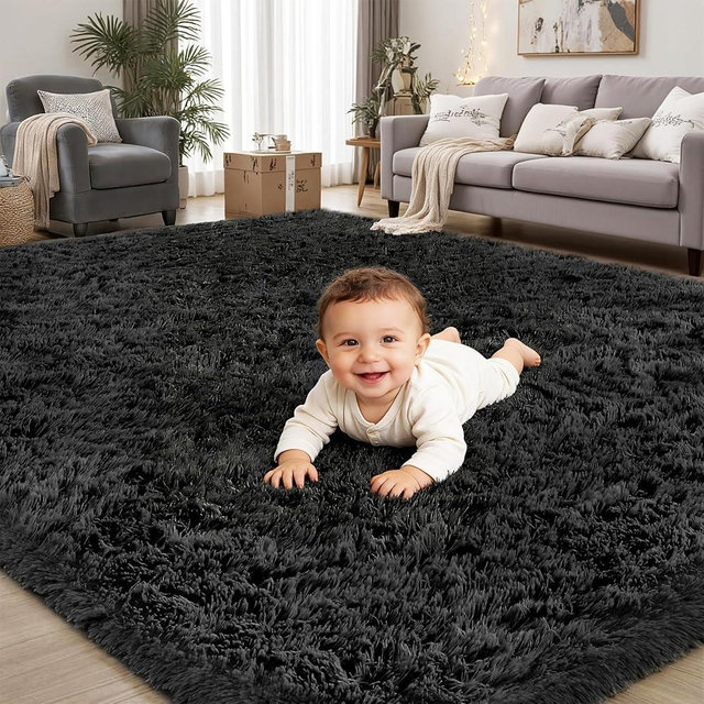 Area Rug for Living Room Bedroom: 5x7 Black Soft Fluffy Shag Upgrade Non-Slip High Pile Carpet Large Fuzzy Plush Indoor Floor Decor Shaggy Rug for Kid Boys Girls Dorms Playroom Nursery Modern Home