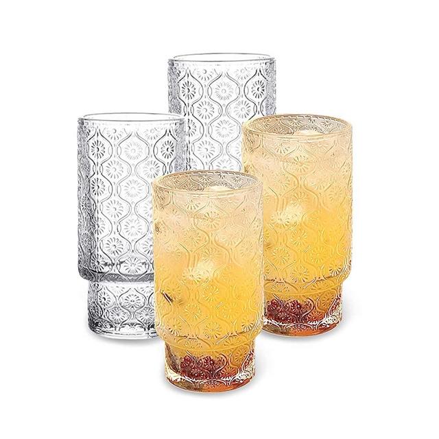 Glass Cups Vintage Glassware | Set of 4 Large, Embossed Stackable Pattern Style Transparent Cocktail Glasses Set, Ice Coffee Cup Juice Drinkware, Clear, 310ml (L)