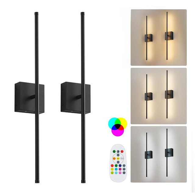 KARTOOSH Battery Operated Wall Sconces Set of Two, with Remote Control, Dimmable, Warm White/Natural White/Daylight/RGB, 350°Rotate, LED Black Wireless Wall Light for Living Room, Bedroom, 28.3 Inch