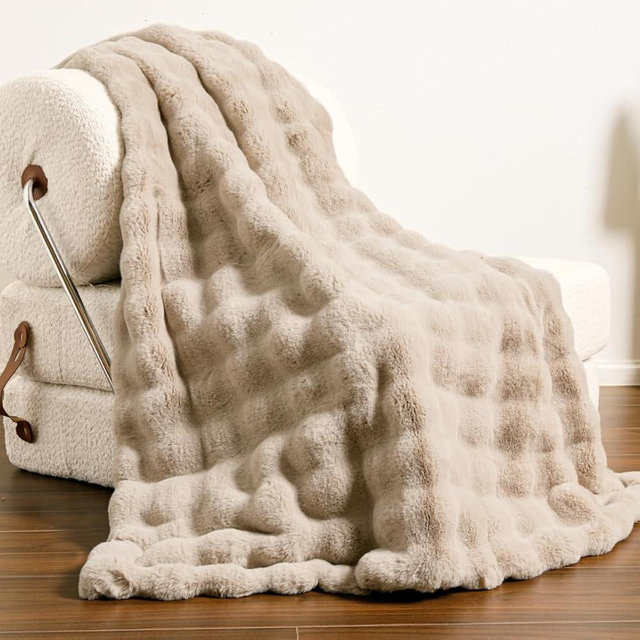 The Malibu Blanket - Faux Fur Bubble Blanket 60"x70" Beachstone - Luxuriously Soft Cozy Warm Gift for Women, Plush Silky Fuzzy Weighted Reversible Design Home Decor