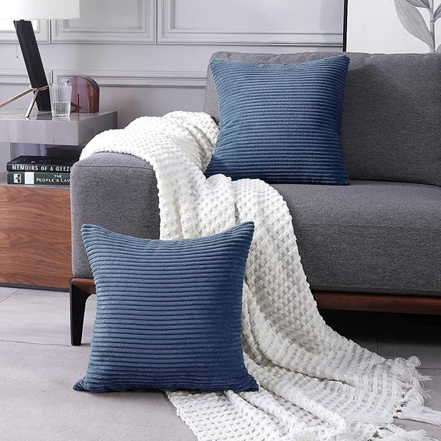 Deconovo Corduroy Pillowcase Covers, Set of 2, 22x22 Inch, Prussian Blue, Cushion Cover with Stripes Pattern, Solid Throw Pillow Cover for Bedroom Living Room