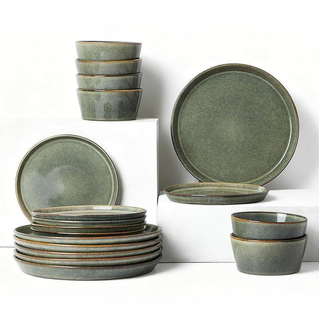 Pokini Dinnerware Sets, Microwave Safe Plates and Bowls Sets, Dishes Set for 6, Chip & Scratch Resistant Dinner Set, Hand Glazed Farmhouse Dishware Sets, Green Wheat