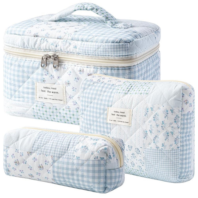 HBselect Quilted Makeup Bag, 3PCS Cotton Large Travel Makeup Bag, Cute Floral Coquette Make up Bag Cosmetic Bag Toiletry Bag for Women Girls